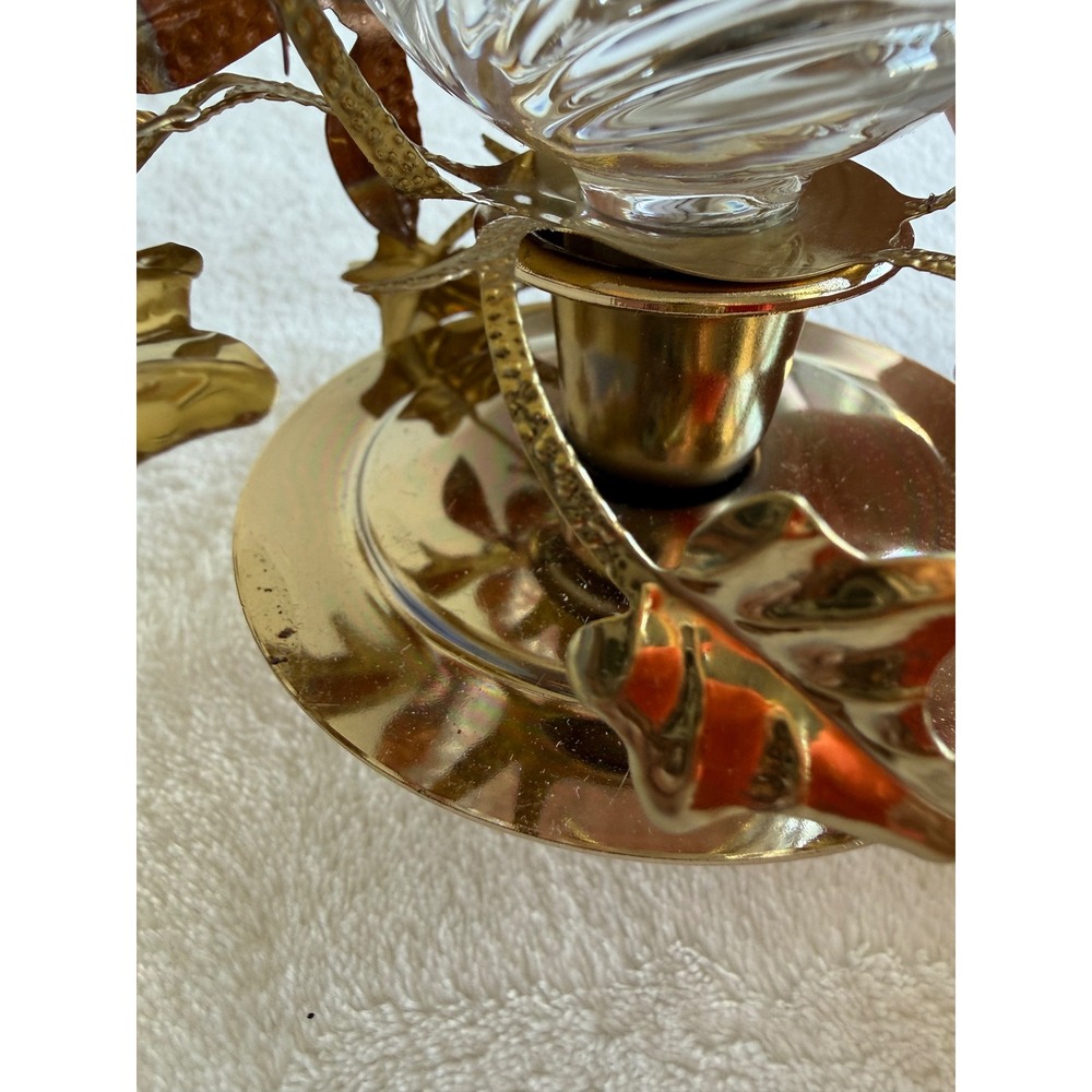 Vintage Homco Glass Candle Votive Sconce Copper Gold Leaves Brass Base Fairy - Picture 7 of 9
